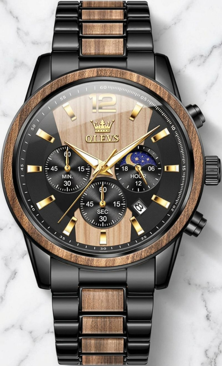 Men Watch Chronograph Quartz Wristwatch Zebra Wood Grain Trim Black 2 Tone Strap