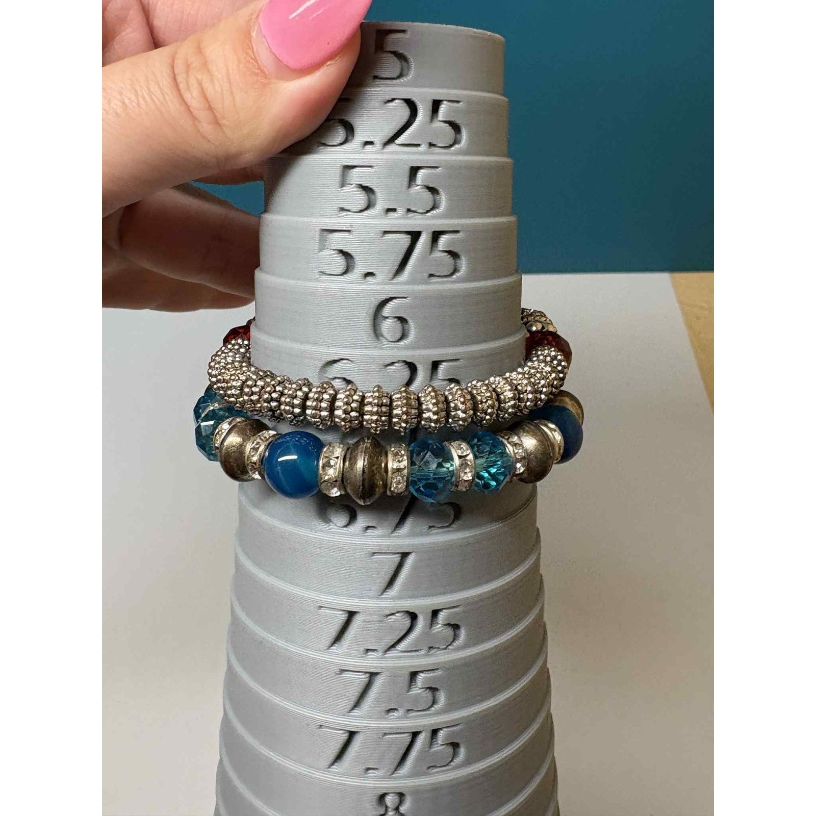 Blue and Red Beaded Stretch Bracelets with Rhinestone Accents Silver Tone Lot
