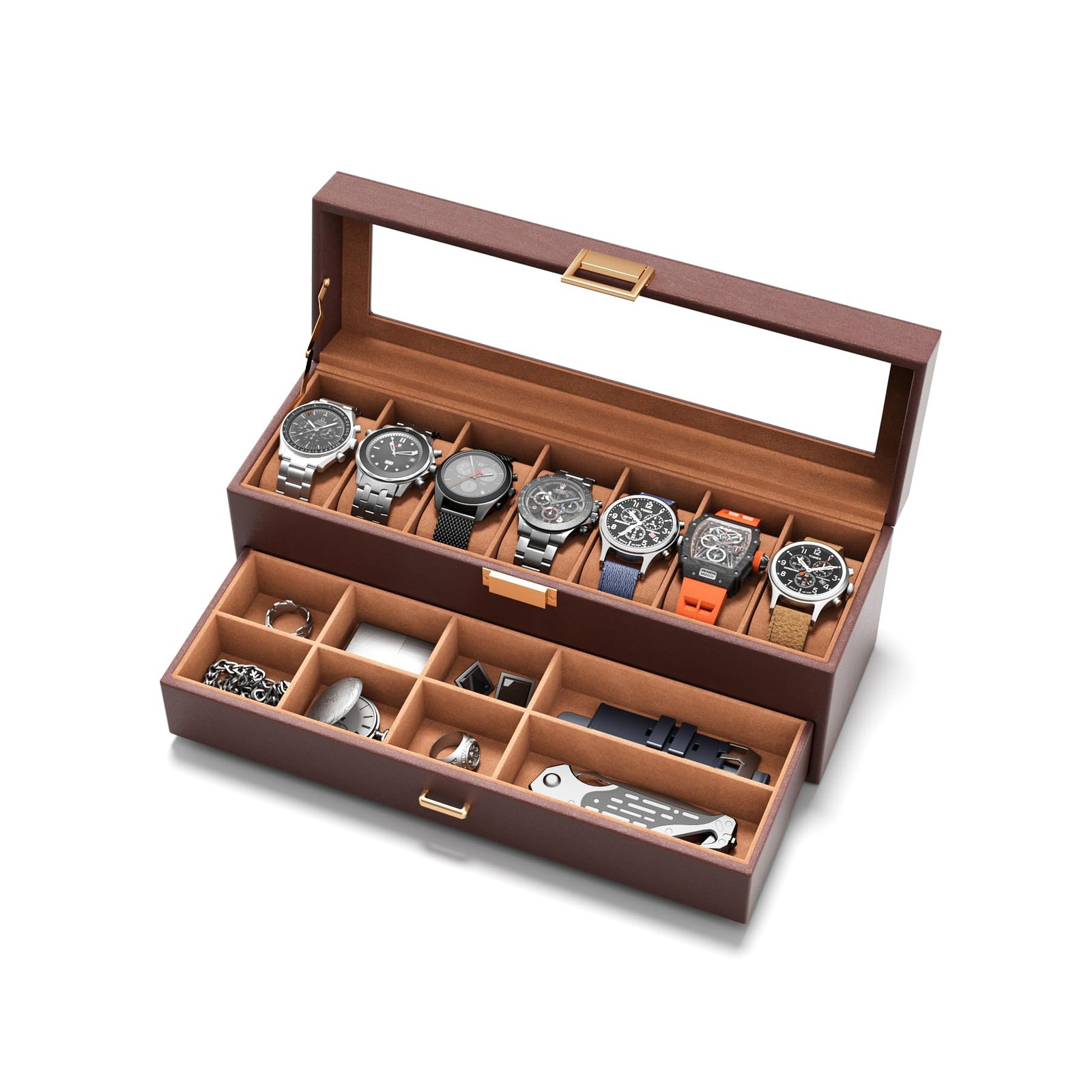 sensok Watch Case Box for Men – 7 SLots Watches Storage 7 Slots, Brown, Brown