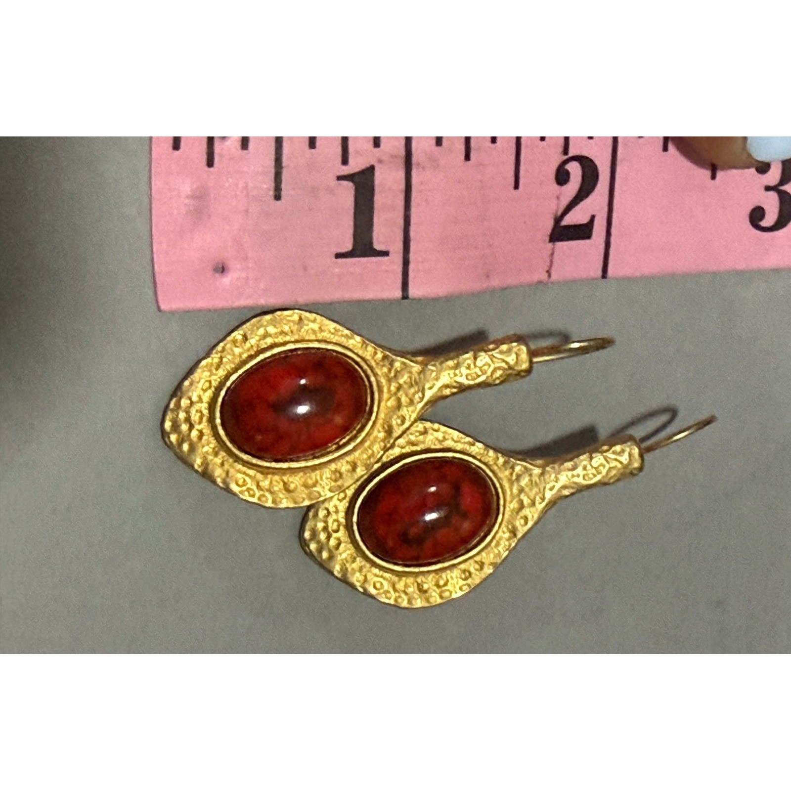 Robert Rose Hammered Gold Tone Marbled Red Cabochon Drop Earrings Womens
