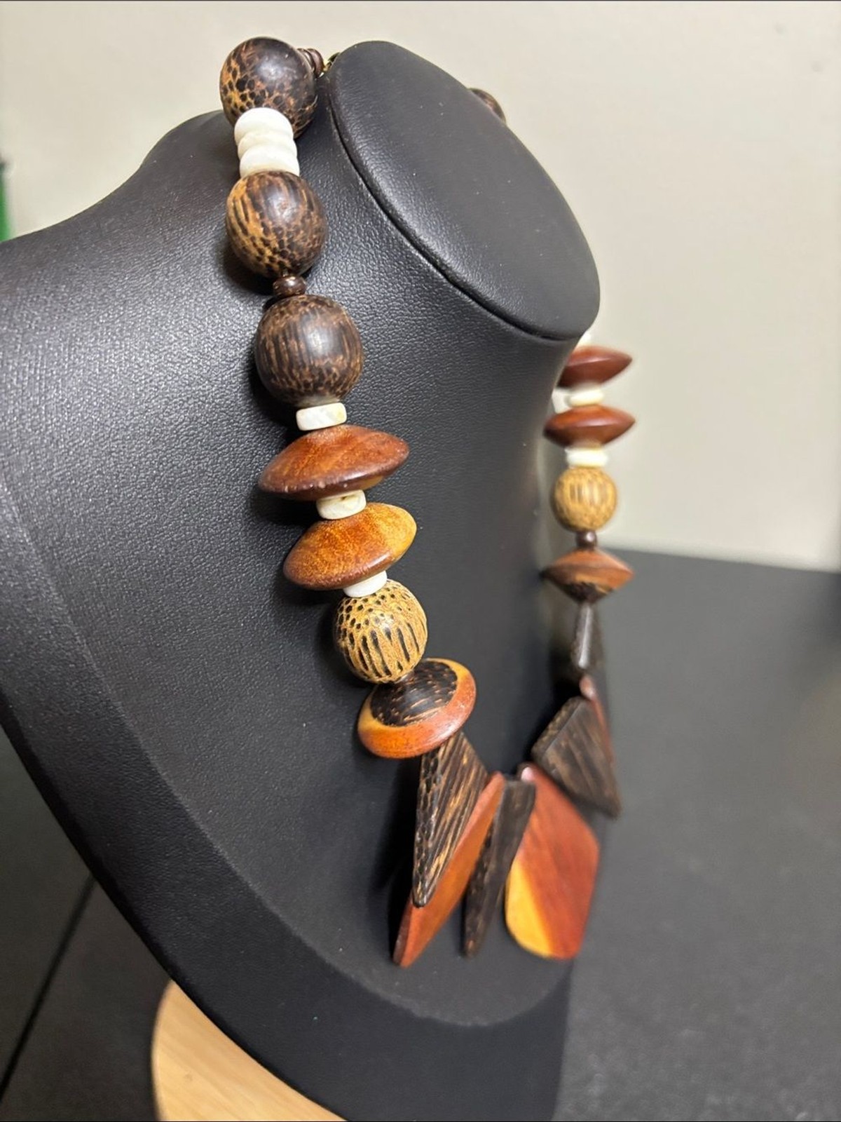 Boho Handcrafted Wooden Statement Necklace Brown, Tan & Cream Jewelry