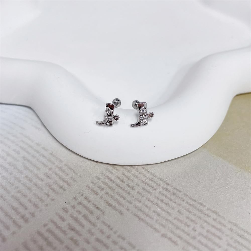20g Western Cowgirl Boots CZ Small Tiny Stud Earrings for Women Men Silver
