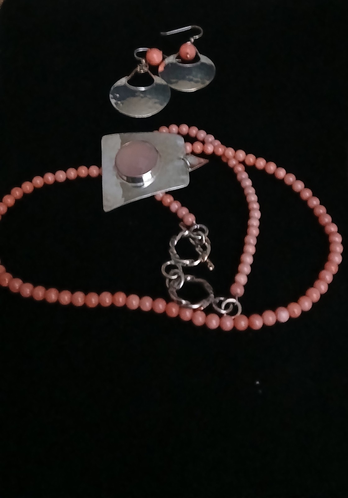 HSN DDD Geometric Pendant & Earrings- Coral Beaded Necklace Set 925