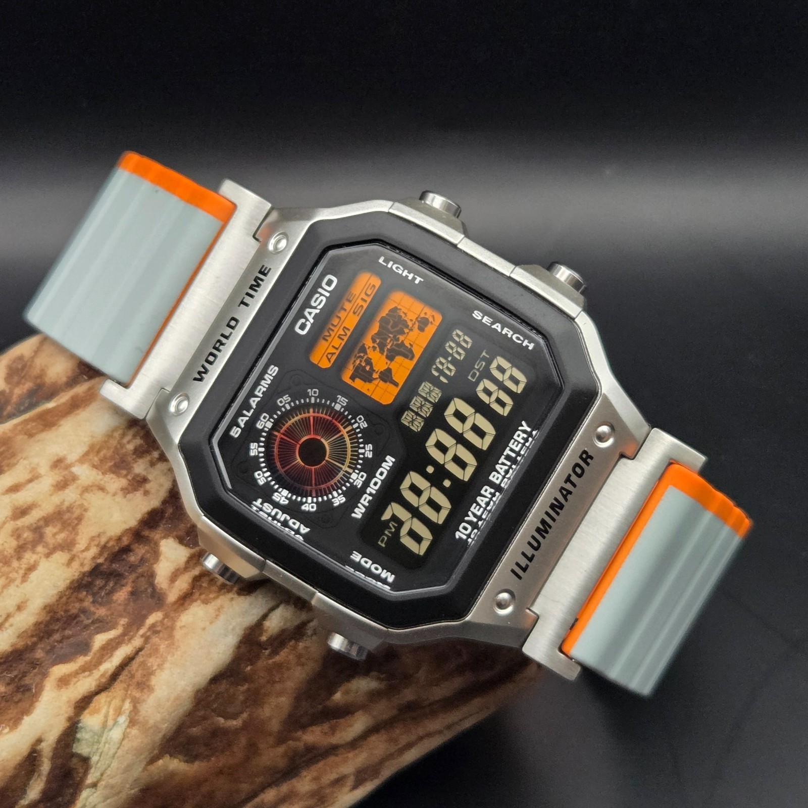 CASIO AE-1200WHD. Royale World Time Watch Mod. Blood moon, Orange, Hydromod.