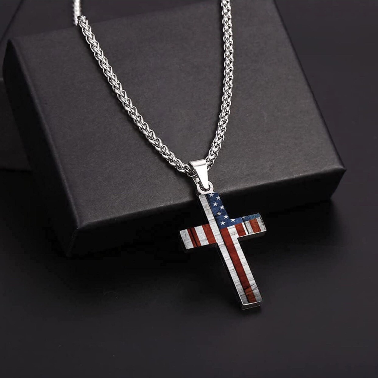 American Flag Patriotic Cross Pendant Necklace Religious Jewelry.