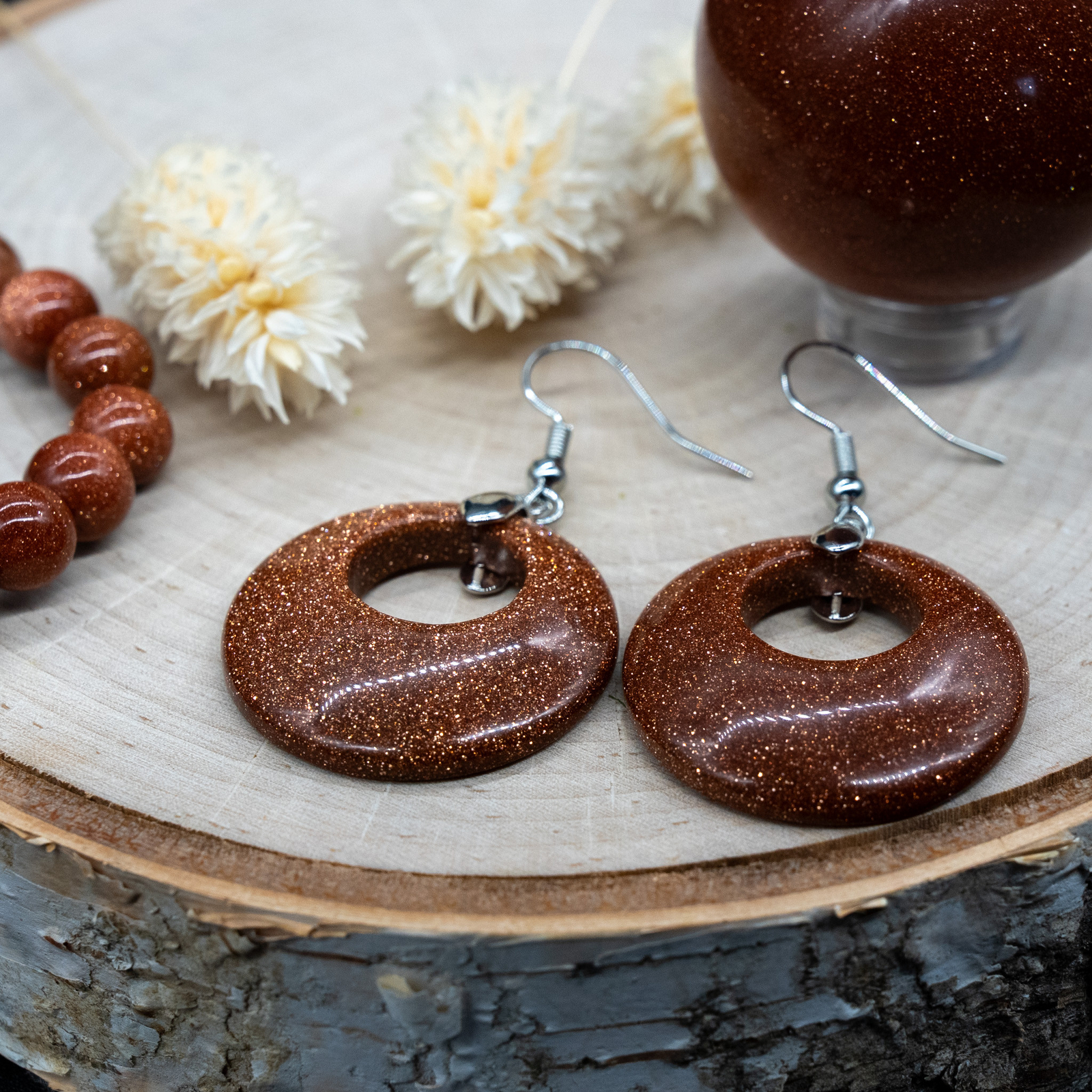 Goldstone Crystal Earrings Gold Sandstone Circle Silver Womens Jewelry Gold Gift