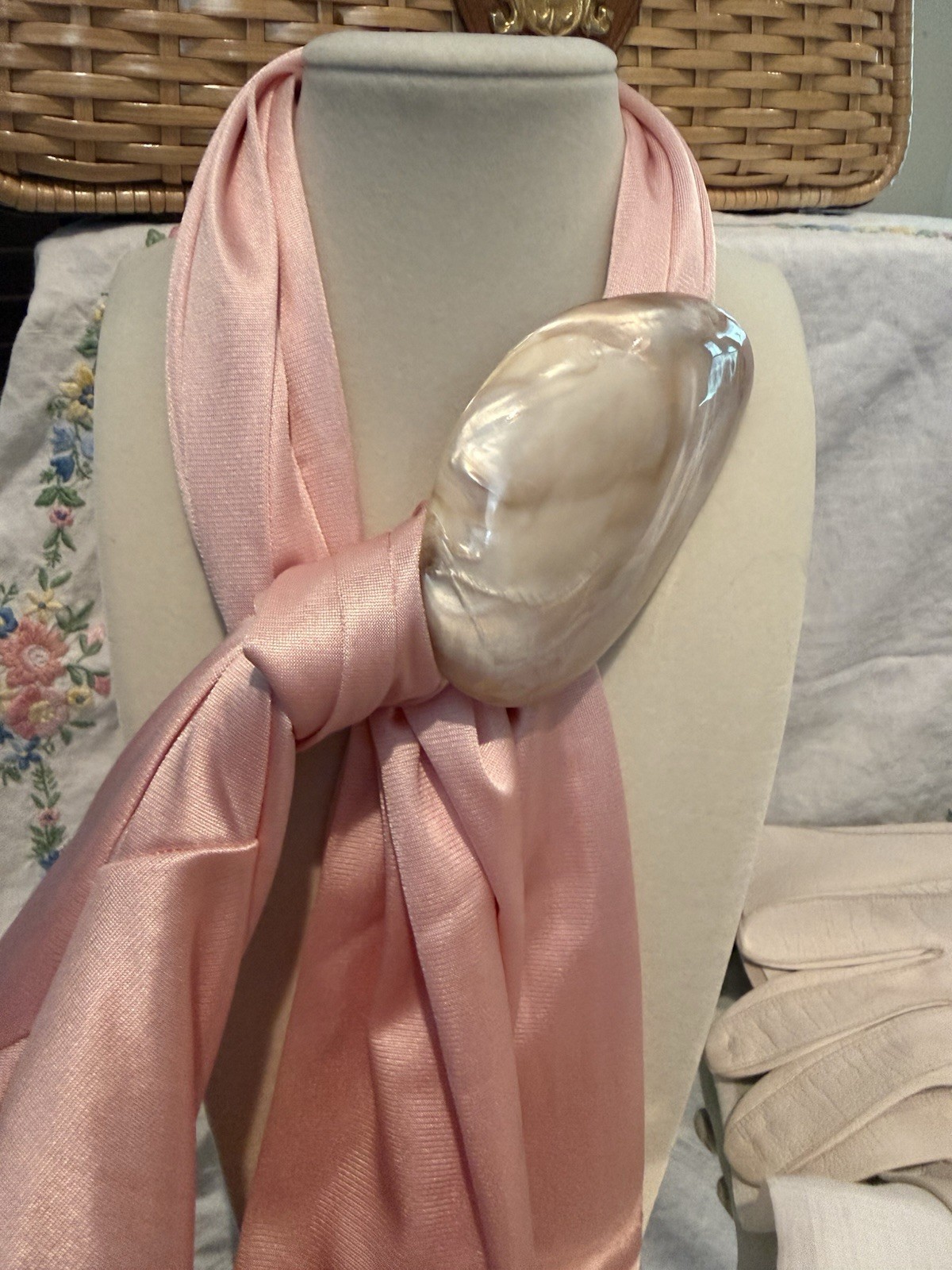 Vintage Mother of Pearl Scarf Ring Slide Large Shell Oval Don & Verna Jewelry