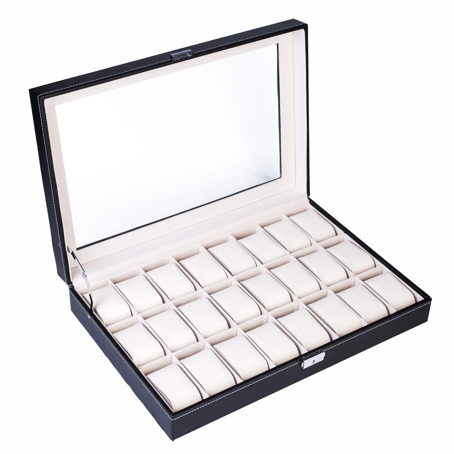 24 Slot Grids Leather Watch Box Display Case Organizer Glass Top Gift