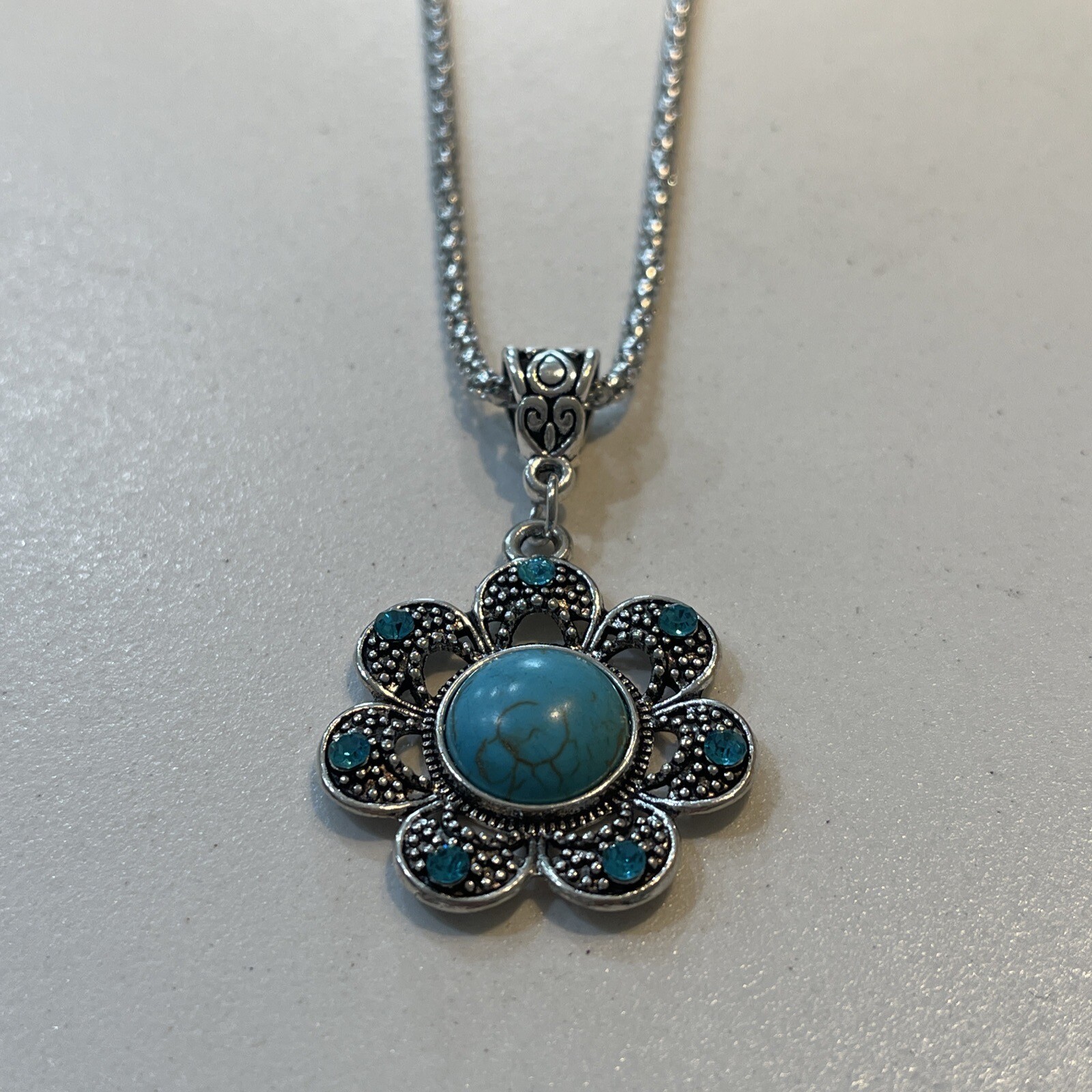 Bijoux By Meera Necklace Genuine Turquoise Stone Charm & Silver Flower 18″ NEW