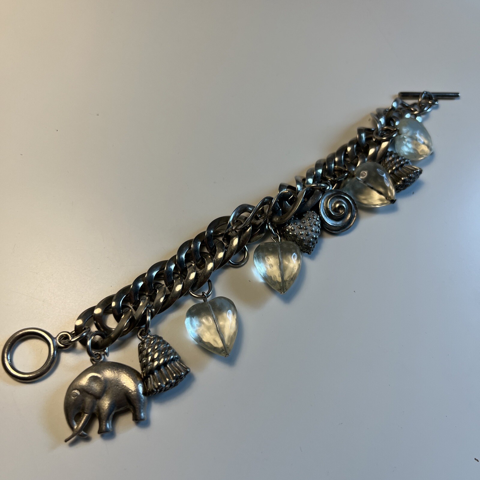 Vintage Silver Metal Chain Charm Bracelet Jewelry Lucite Heart Elephant Tassel