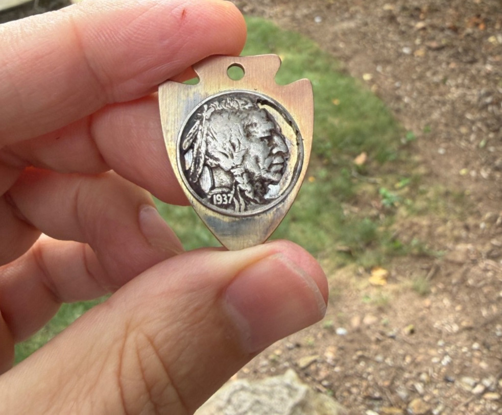 Hand Cut 1937 Buffalo Nickel Brass Arrowhead Pendant Oxidized Necklace Keychain