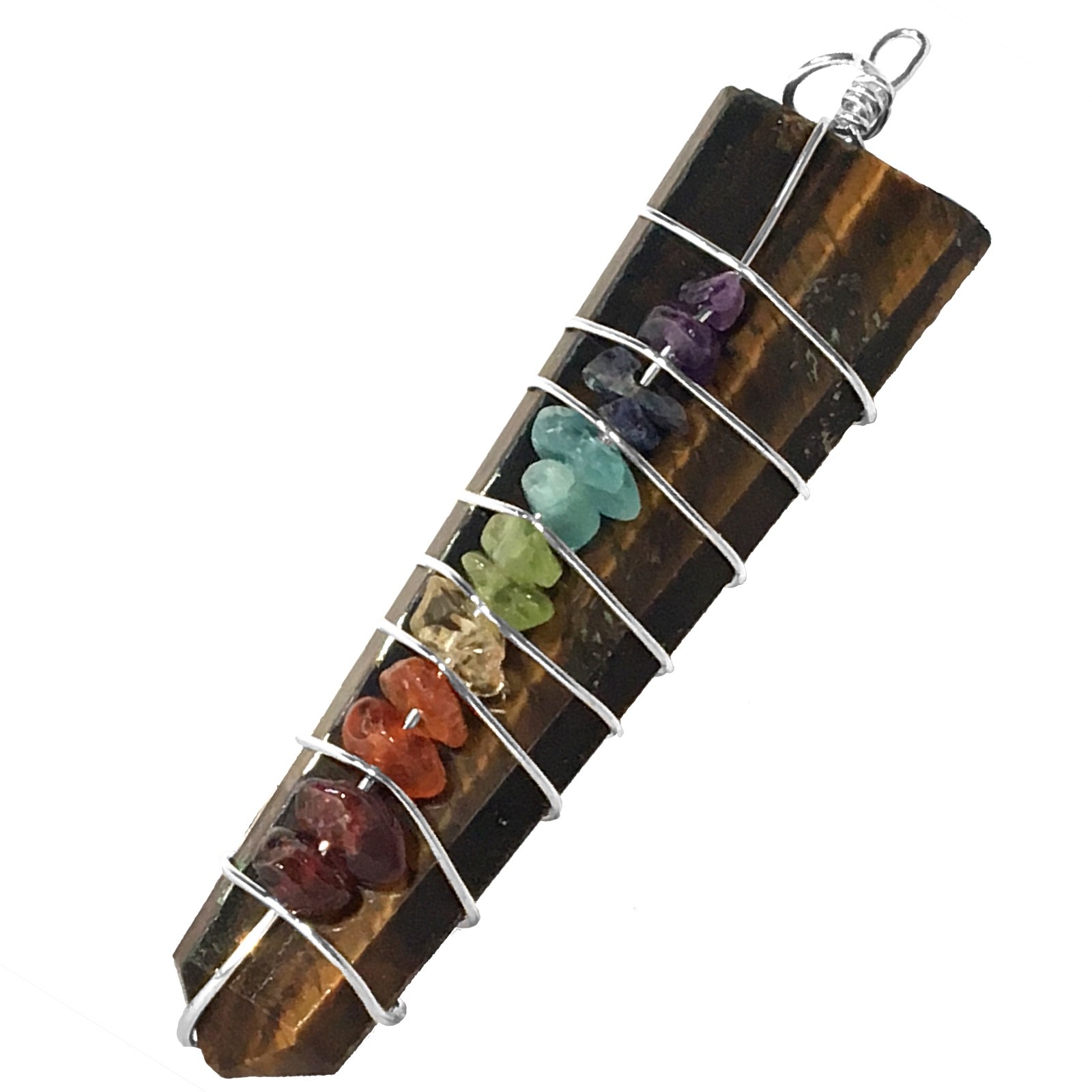 Tigers Eye 7 Chakra Wire Wrap Pendant Necklace HANDMADE Point Reiki CHARGED