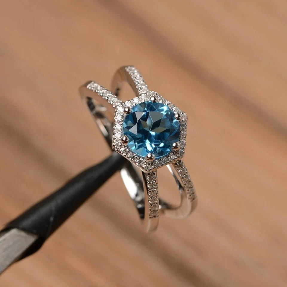 2.50 Ct Round Cut Blue Topaz Diamond Engagement Ring 14K Solid White Gold