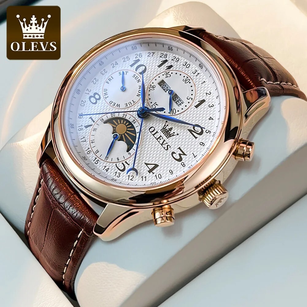 OLEVS Automatic Mechanical Watch Men’s Moon Phase Waterproof Leather Men Strap