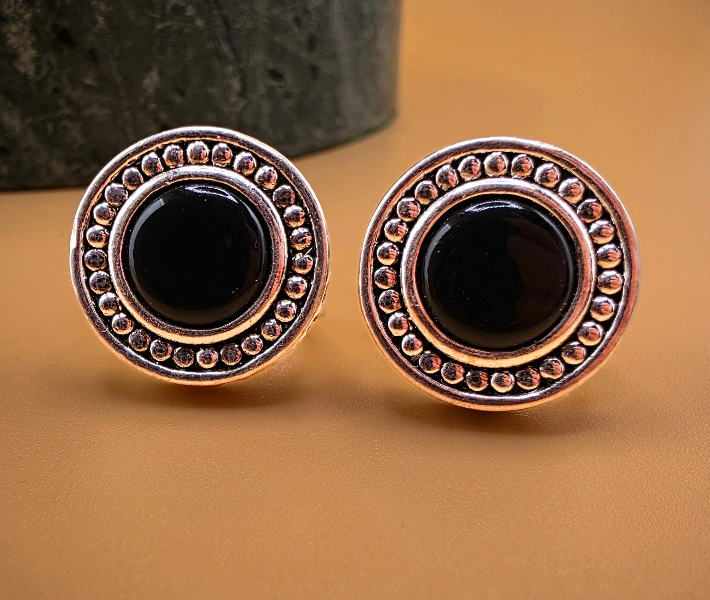 Napier Vintage Silver Plated Black Cabochon Round Clip-On Earrings Signed