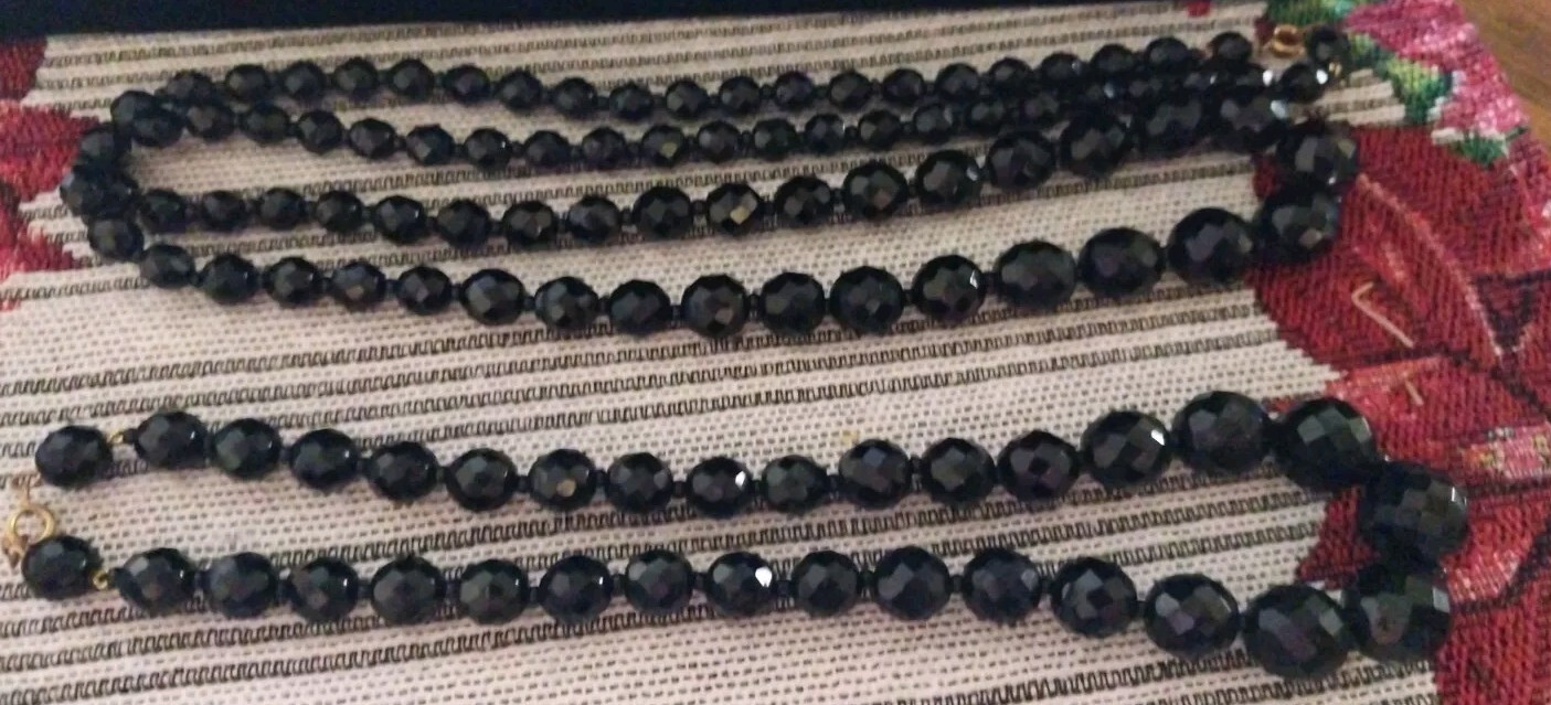 Two Vtg 1950’s Black Faceted Glass Necklaces. One 17 Inches The Other Is 34…