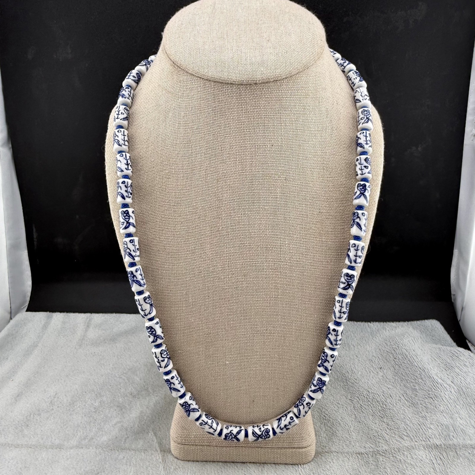 Vintage Chinese Export Blue Necklace Ceramic Beaded 24”
