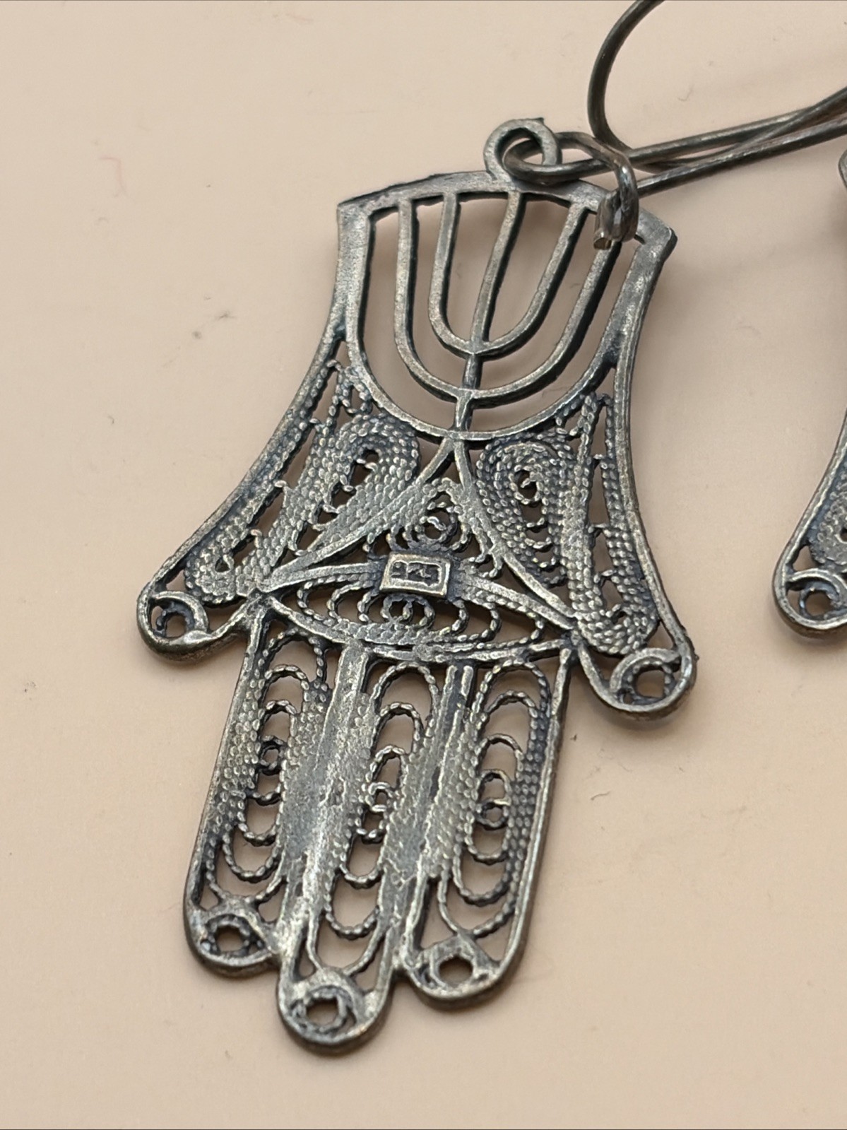 Vtg 925 Sterling Silver Filigree Hamsa Menorah Dangle Earrings Israel Judaica
