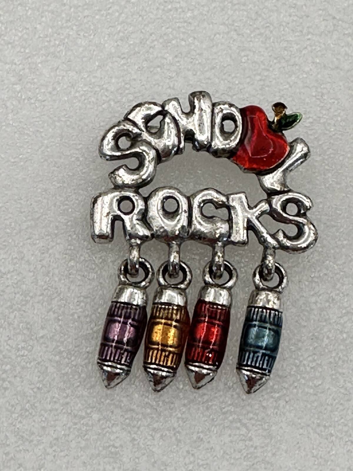 AJMC School Rocks Brooch With Hanging Crayons & Apple Vintage Enamel On Metal