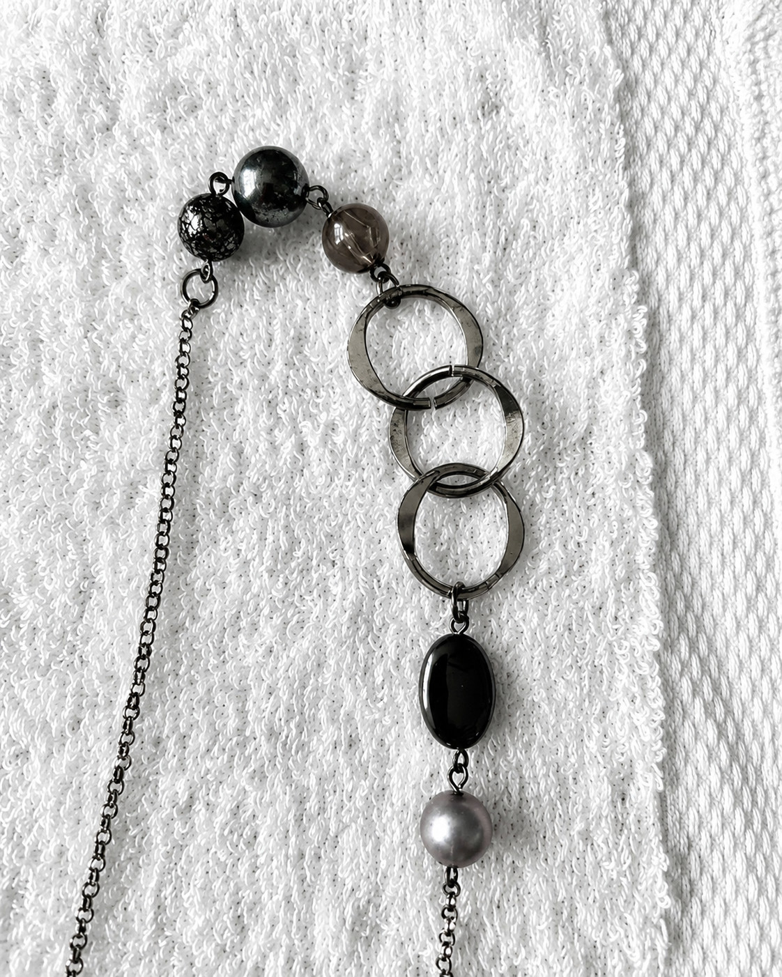 Blue Black Beaded Mixed Metal Long Station Double Chain Necklace 40″