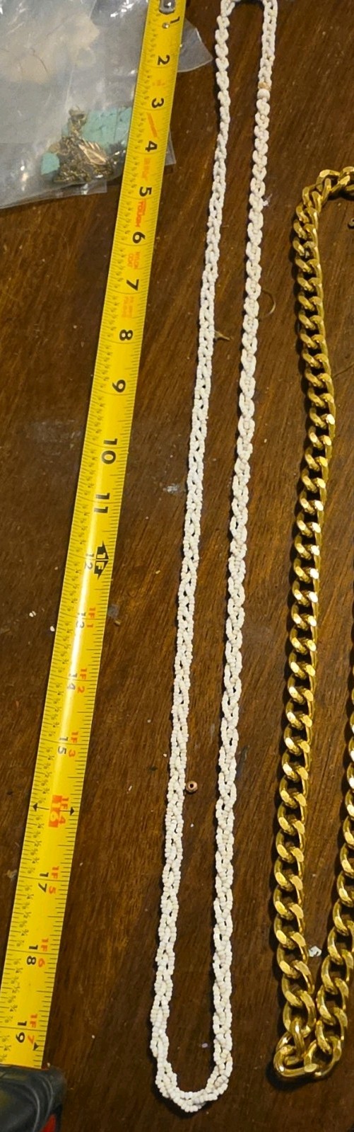 Lot of 3 Necklaces Gold Tone Curb Chain Lobster, White & Tan Beaded Strands
