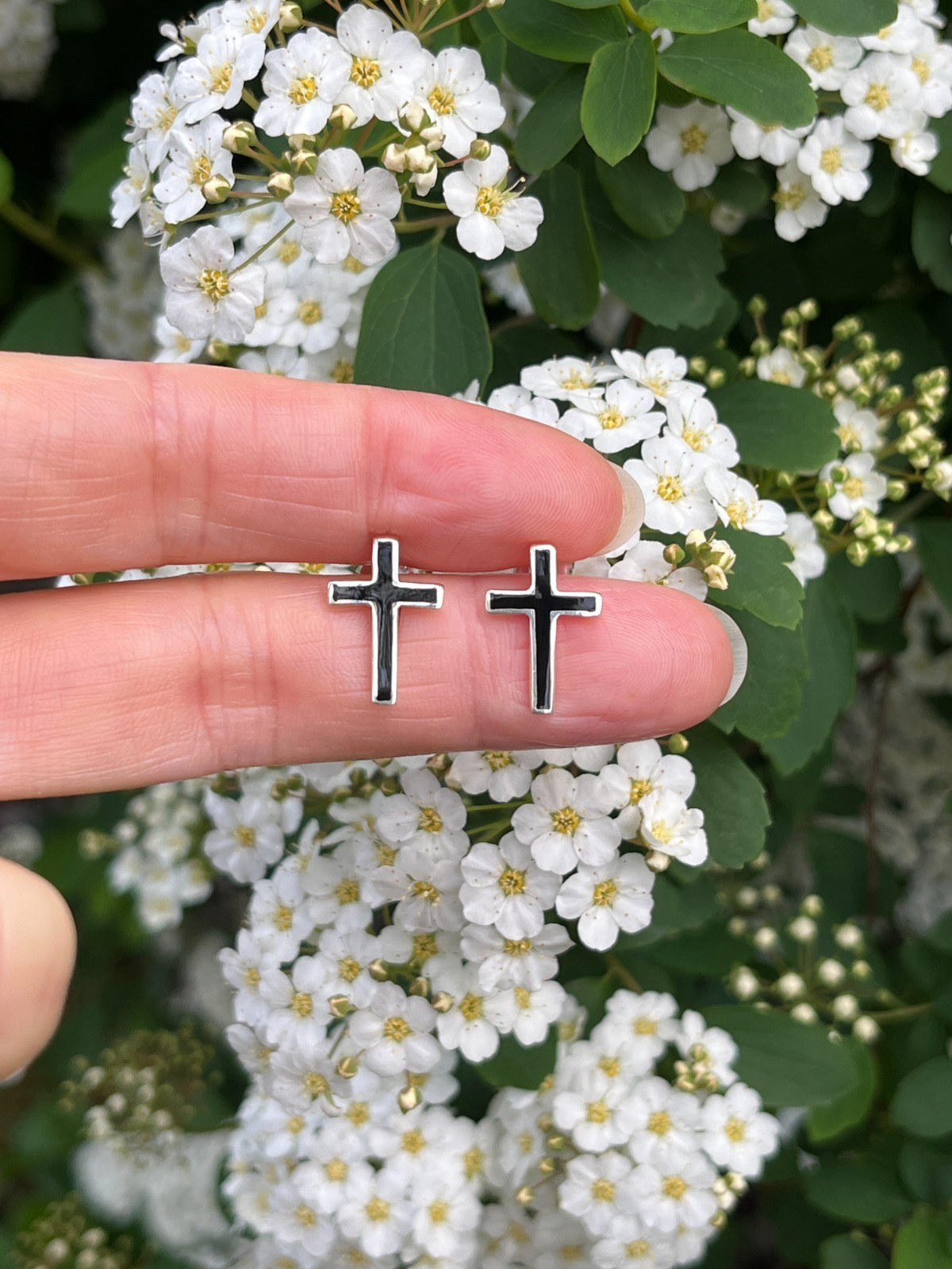 925 Sterling Silver Black Agate Long Cross Stud Earrings Men Women 14.5mm/0.57″