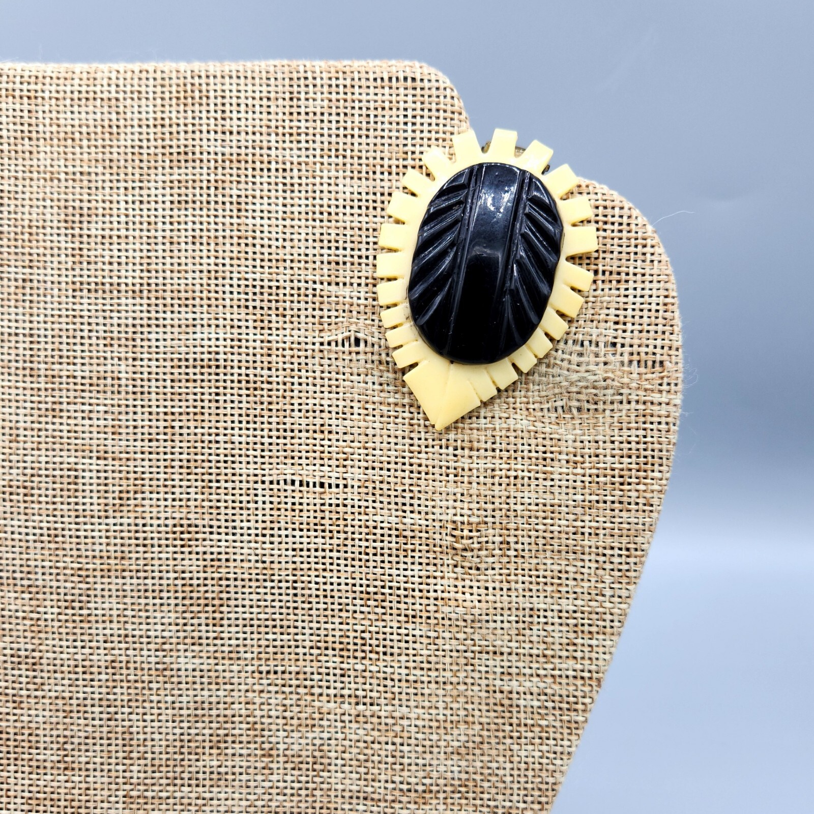 Late Art Deco Retro Black Cream Carved Celluoid Teardrop Dress Clip