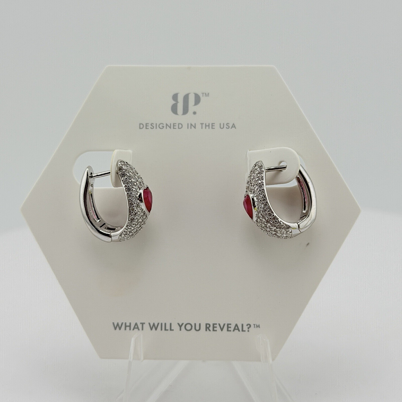 Bomb Party Pave Hoop Earrings “Ohh La Luxe” Pink Sapphire on Rhodium HEART