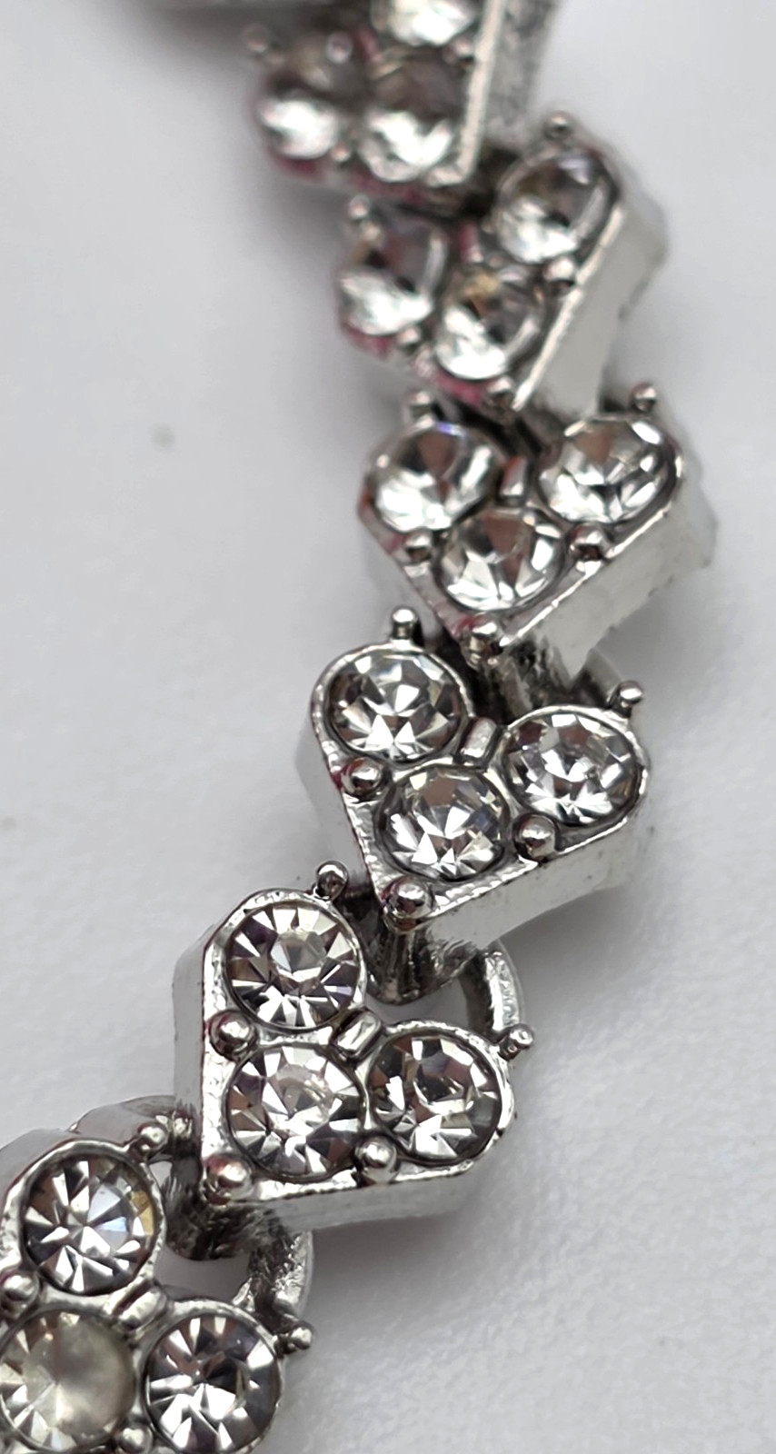 Vintage Silver Tone Clear Crystal Heart Link Tennis Bracelet 7″ Fold Over Clasp