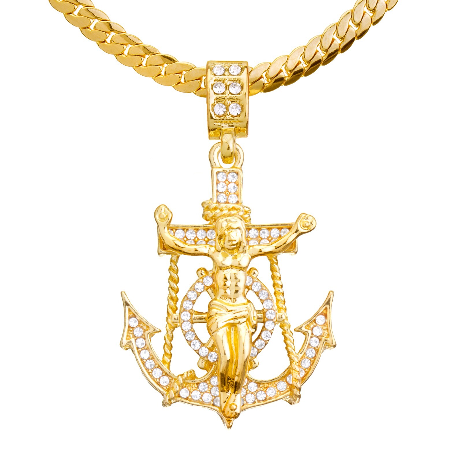 Men’s Hip Hop Iced Anchor Cross Jesus Pendant 20″ Miami Chain Necklace MPG 1075G