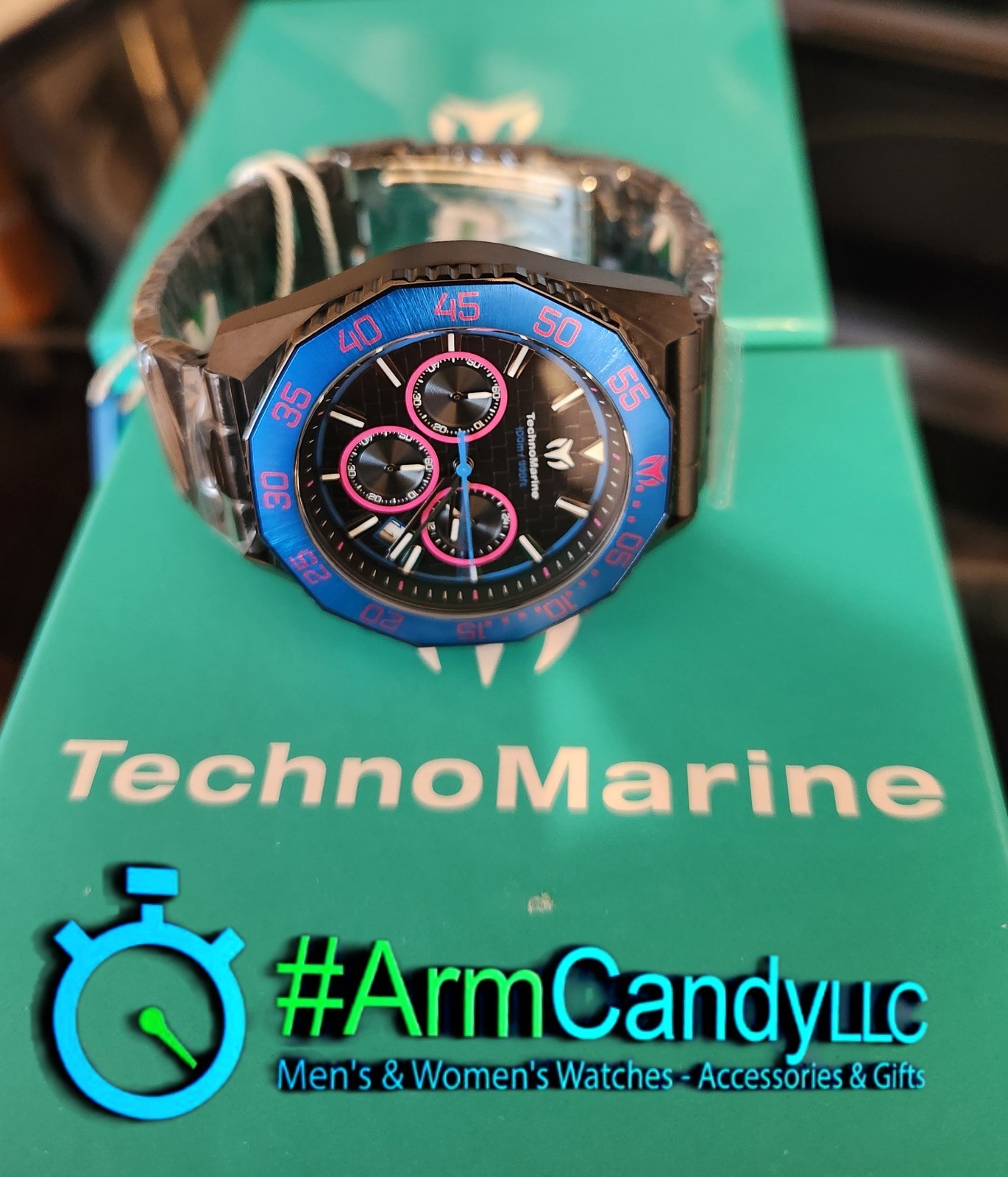 RARE! 44mm Mens TechnoMarine LEGENDS Watch Black-Blue-Pink Chronograph ONE LEFT!