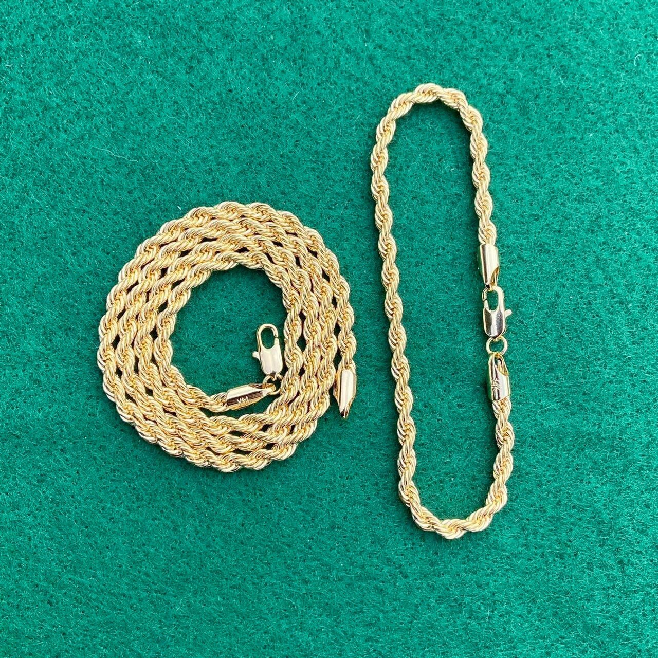 Gold Chain Rope Chain 24in 4mm and Rope Bracelet 8in 4mm Bundle Set