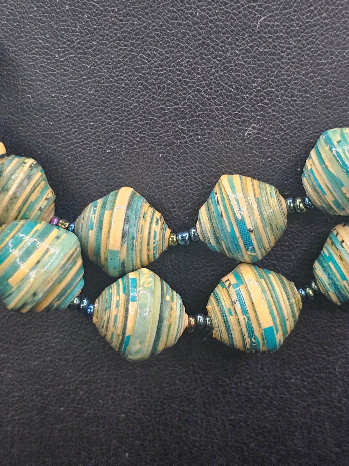 Handmade Recycled Paper Bead Strand Necklace Teal Tan Artisan Boho
