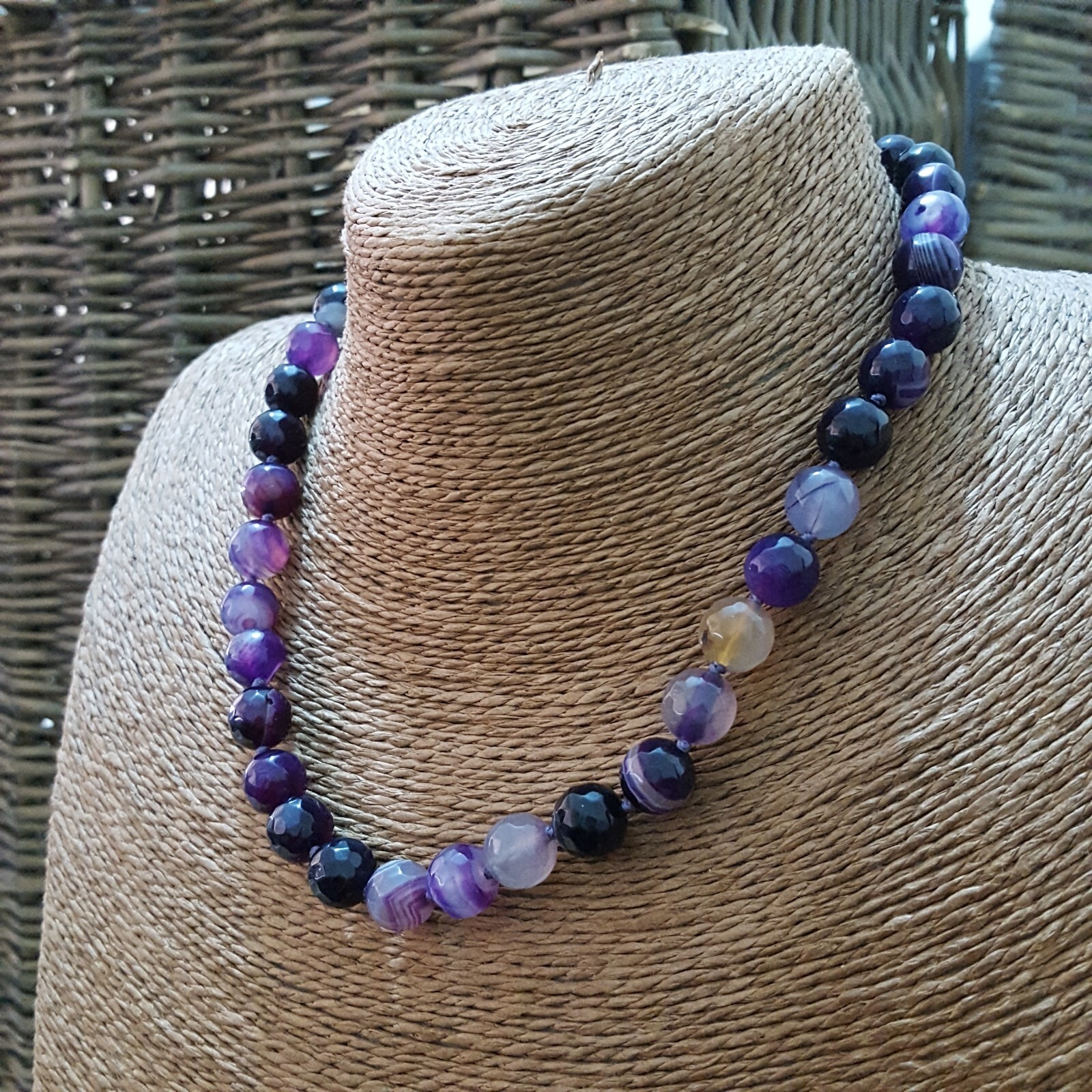 Vintage Egyptian Solid Silver Necklace, Purple Onyx Gems Beads, Purity 800