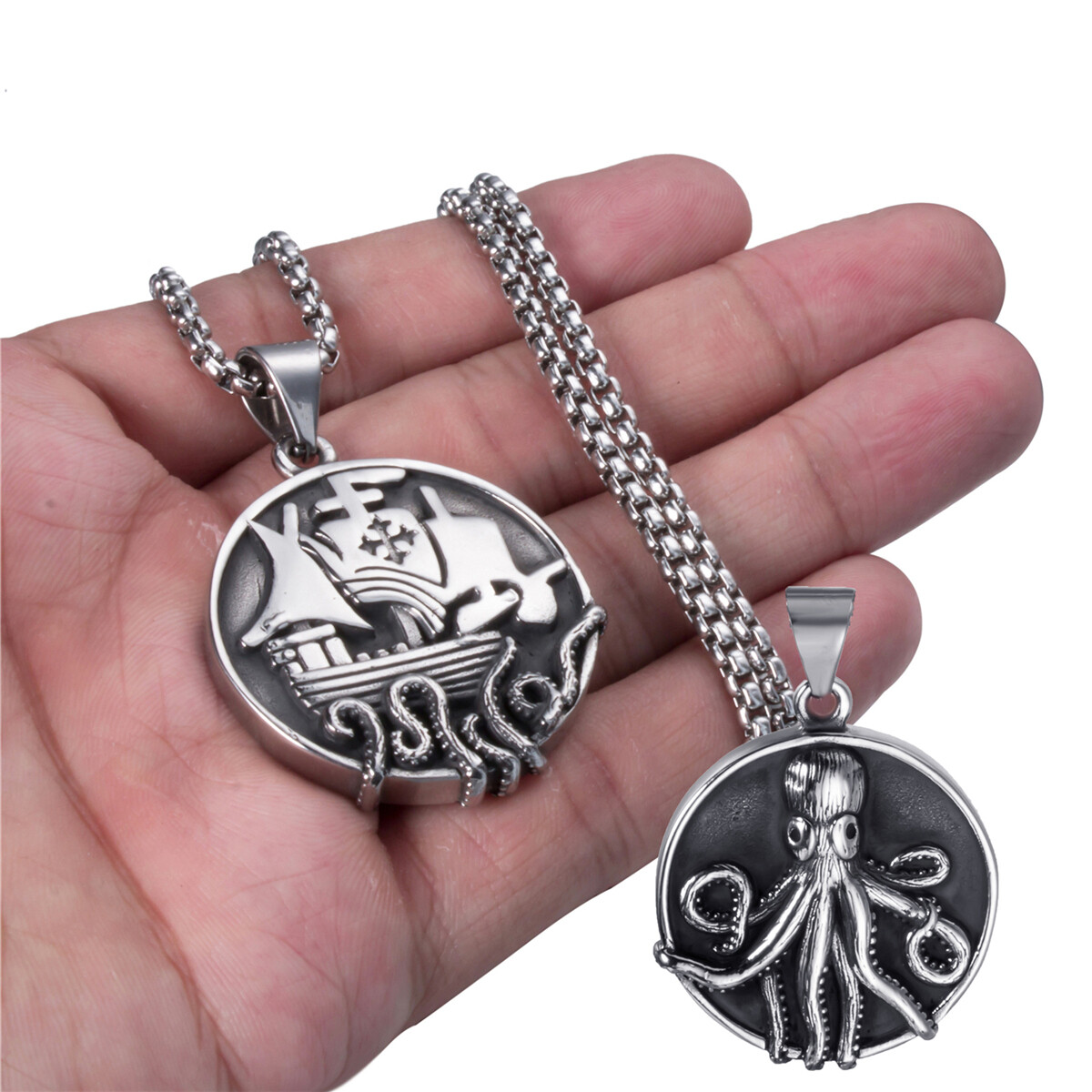Men’s Viking Pirate Ship Kraken Octopus Squid Stainless Steel Pendant Chain Set