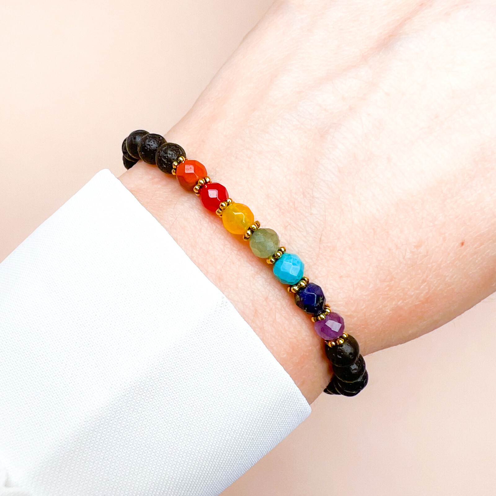 7 Chakra Gemstone Volcanic Lava Rock Bracelet, Harmony and Balance