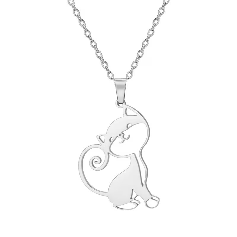 Simple Cat Themed Pendant Necklace Stainless Steel Cat Lover Fashion Jewelry