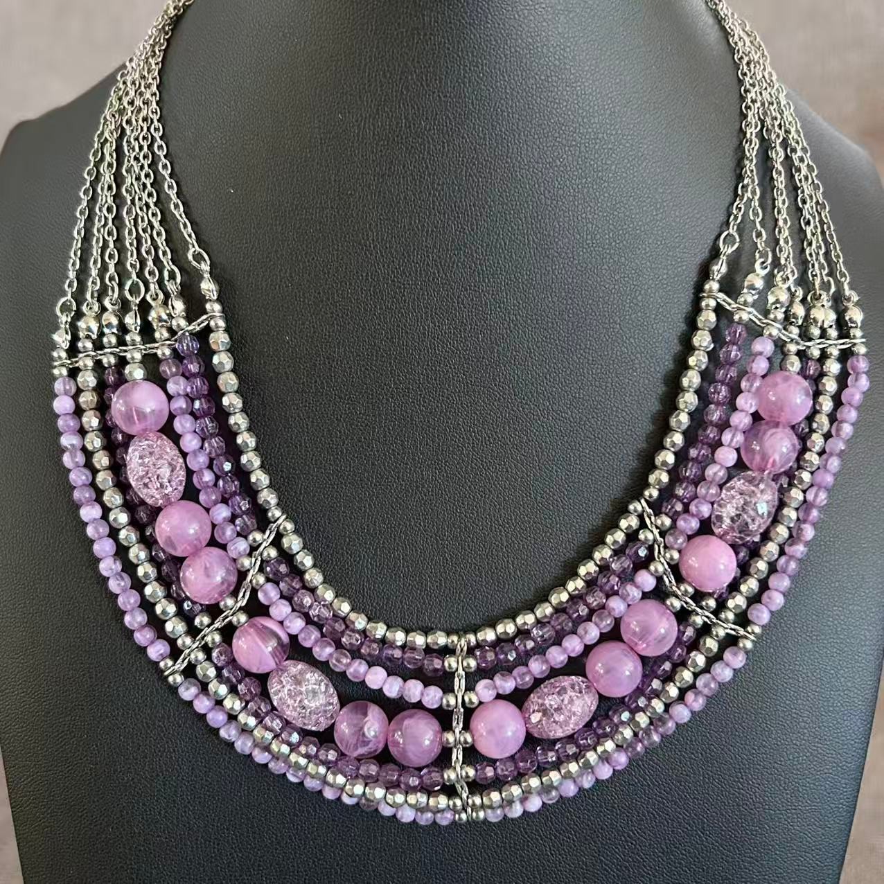 NY Collection Layered Purple Beaded Statement Necklace Silver Tone Boho 18”