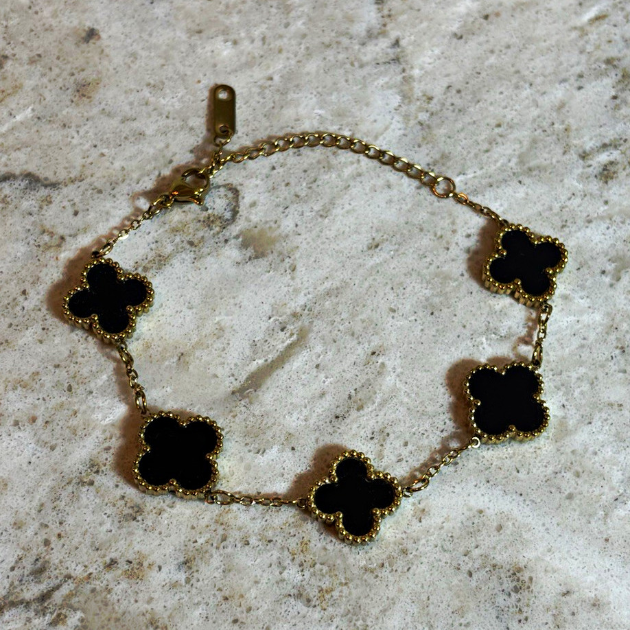 Gold Tone Black Clover Dangle Charm Cable Chain Bracelet, Adjustable Lobster