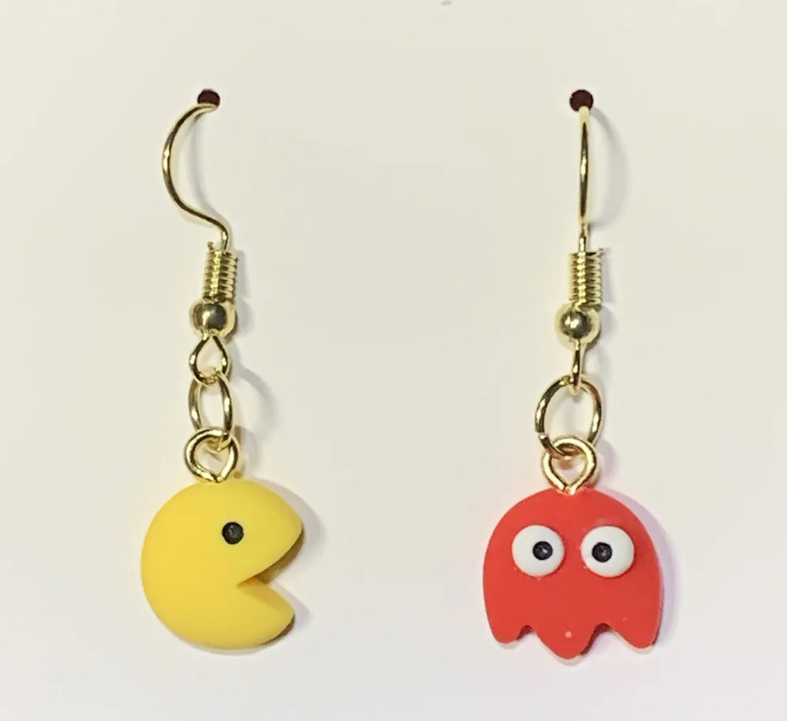 Gold PAC-Man & Ghost From Pac-Man Drop Dangle Earrings!!
