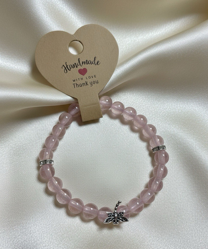 Pink Mica Powder Beaded Stretch Bracelet w/ Silver Dragonfly Charm.