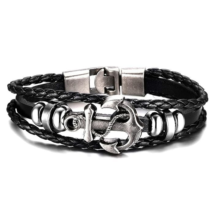 Retro Anchor Bracelet, Layered Leather Nautical Cuff Unisex Gift for Him or Her