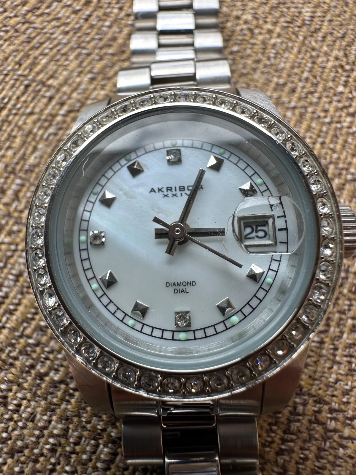 Akribos XXIV Watch for Women- 3 Real Diamonds on Dial- Diamond Crystal Bezel