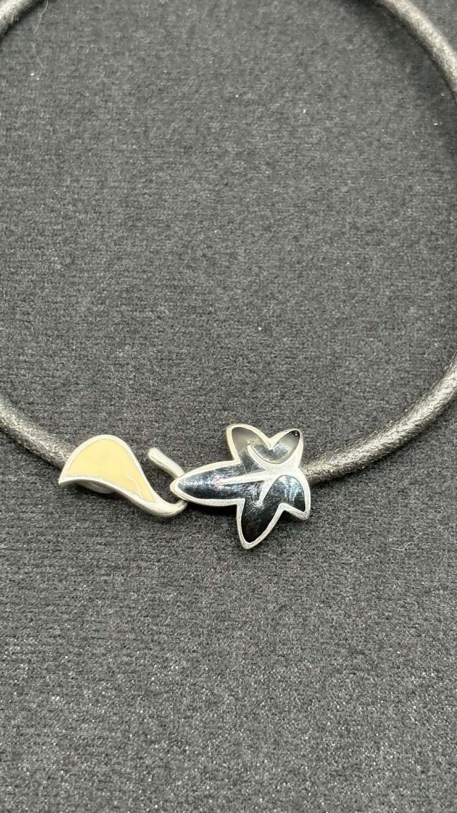 OTC Sterling Silver 925 Black Leather Black Cream Leaf Enamel Choker 12.75″