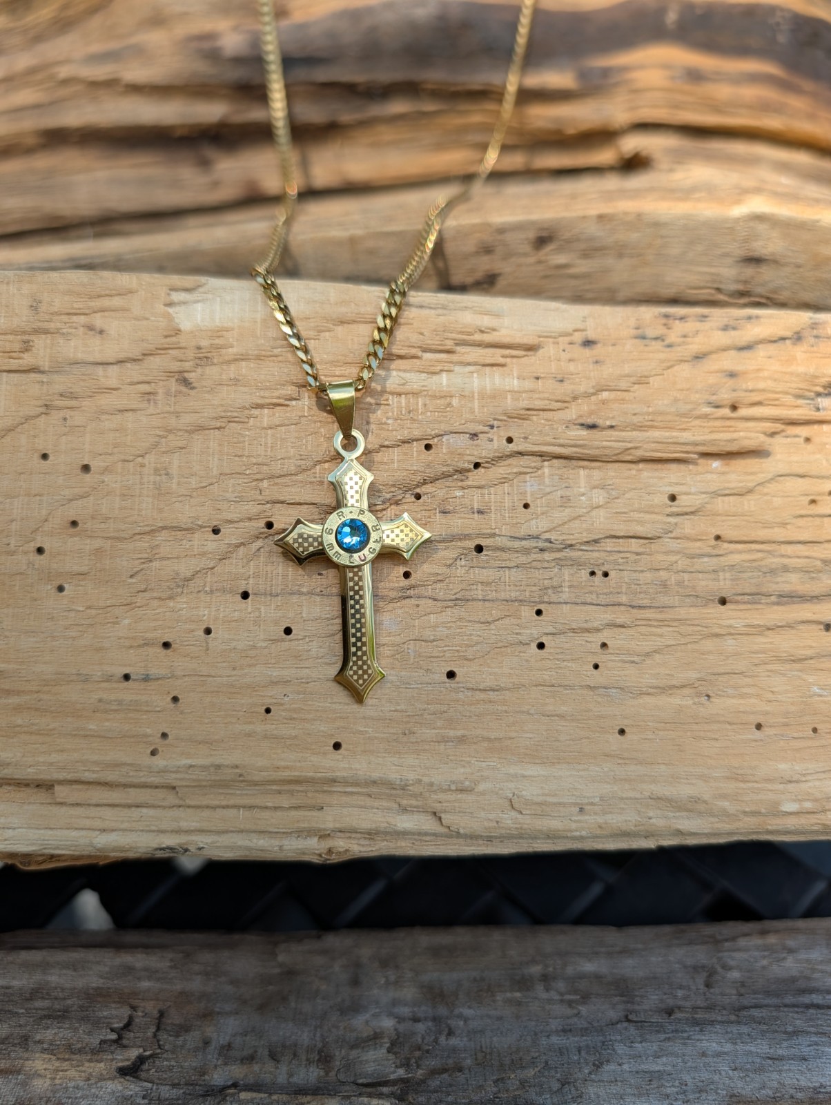 Gold Stainless Steel Cross Necklace with 9mm Bullet. Optional Crystal.