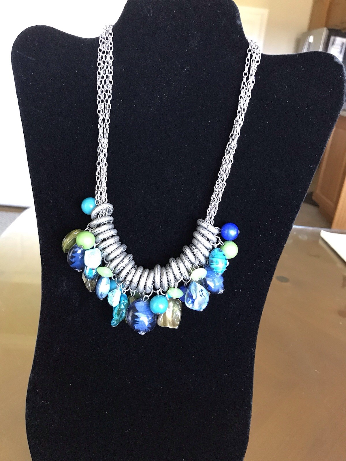 Women’s Fashion Jewelry Silver Tone Blue/Green Beads 17″+2″Extender