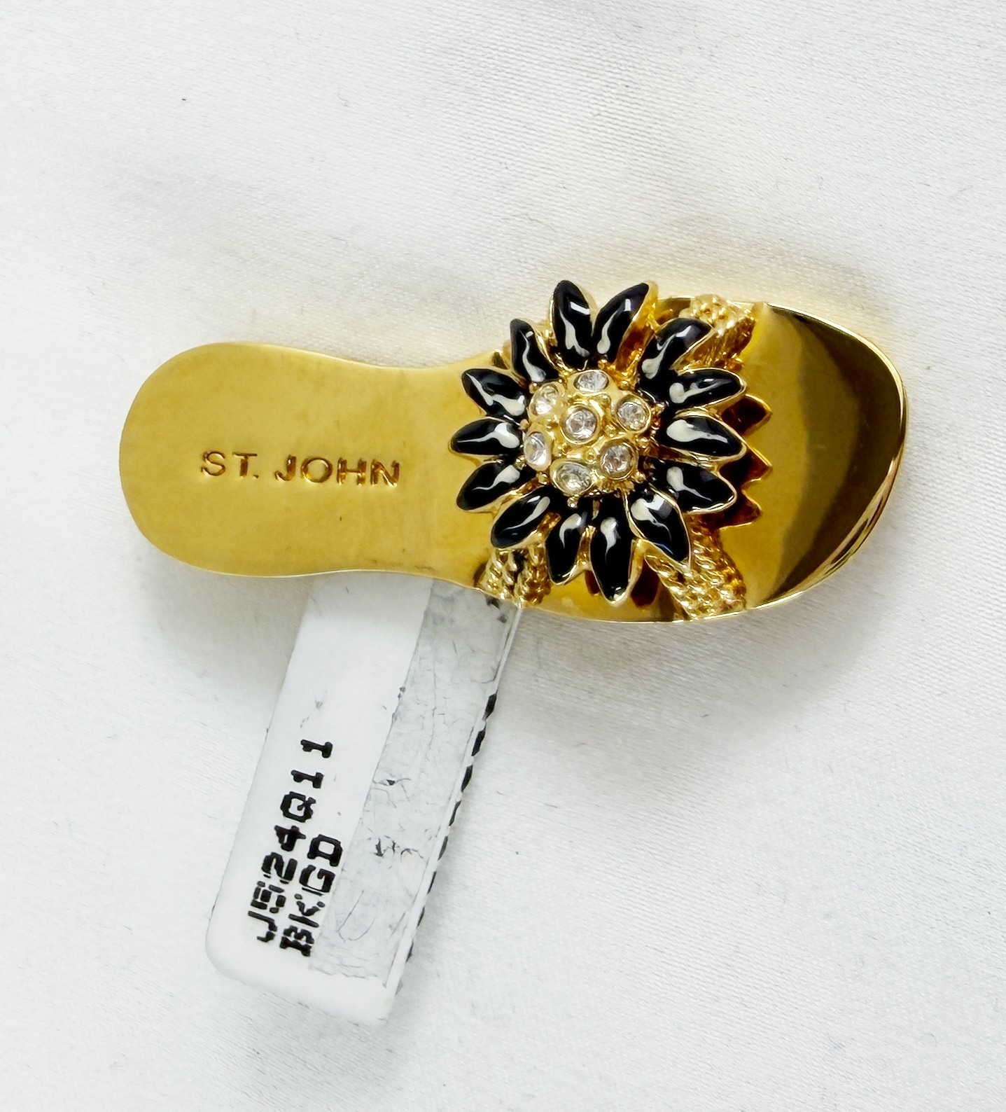 NWT ST. JOHN Brooch Pin Flower Sandal 24 KGP Black Crystals Multicolor Vintage