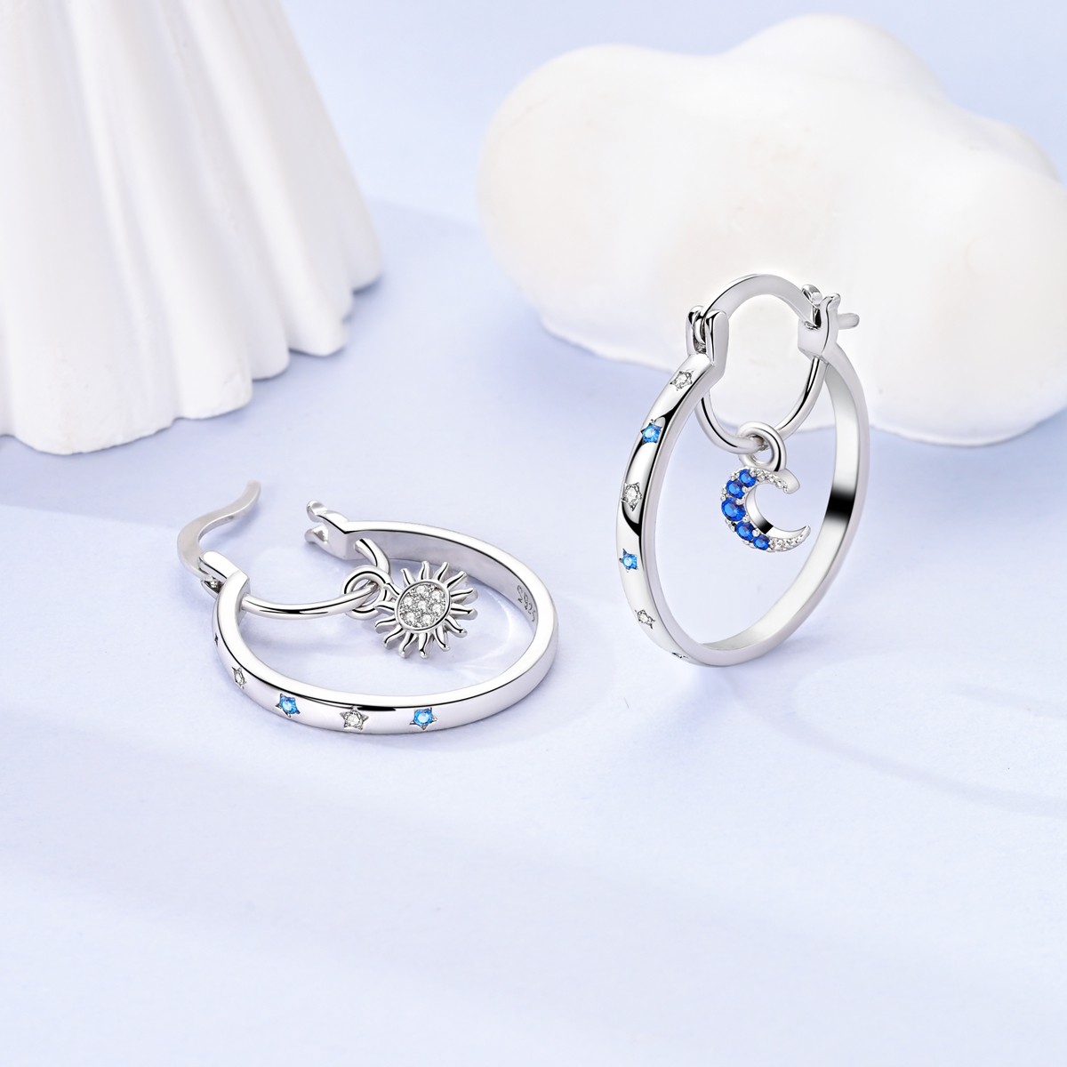 LAZA European Blue Star Moon Sun 925 Sterling Silver Hoop Earrings Women Jewelry