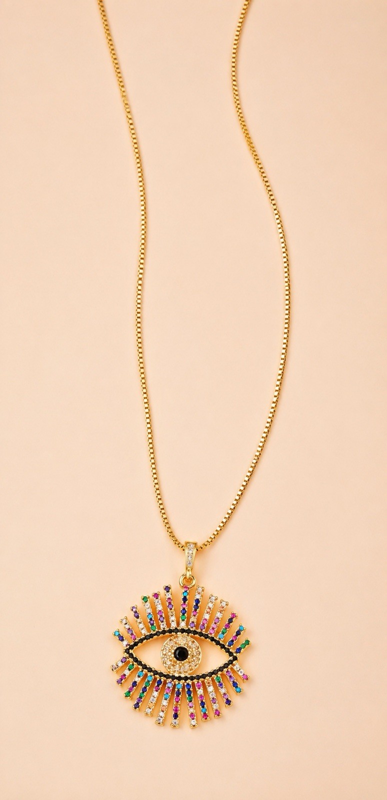 Gold Tone Multicolor Rhinestone Evil Eye Pendant Necklace
