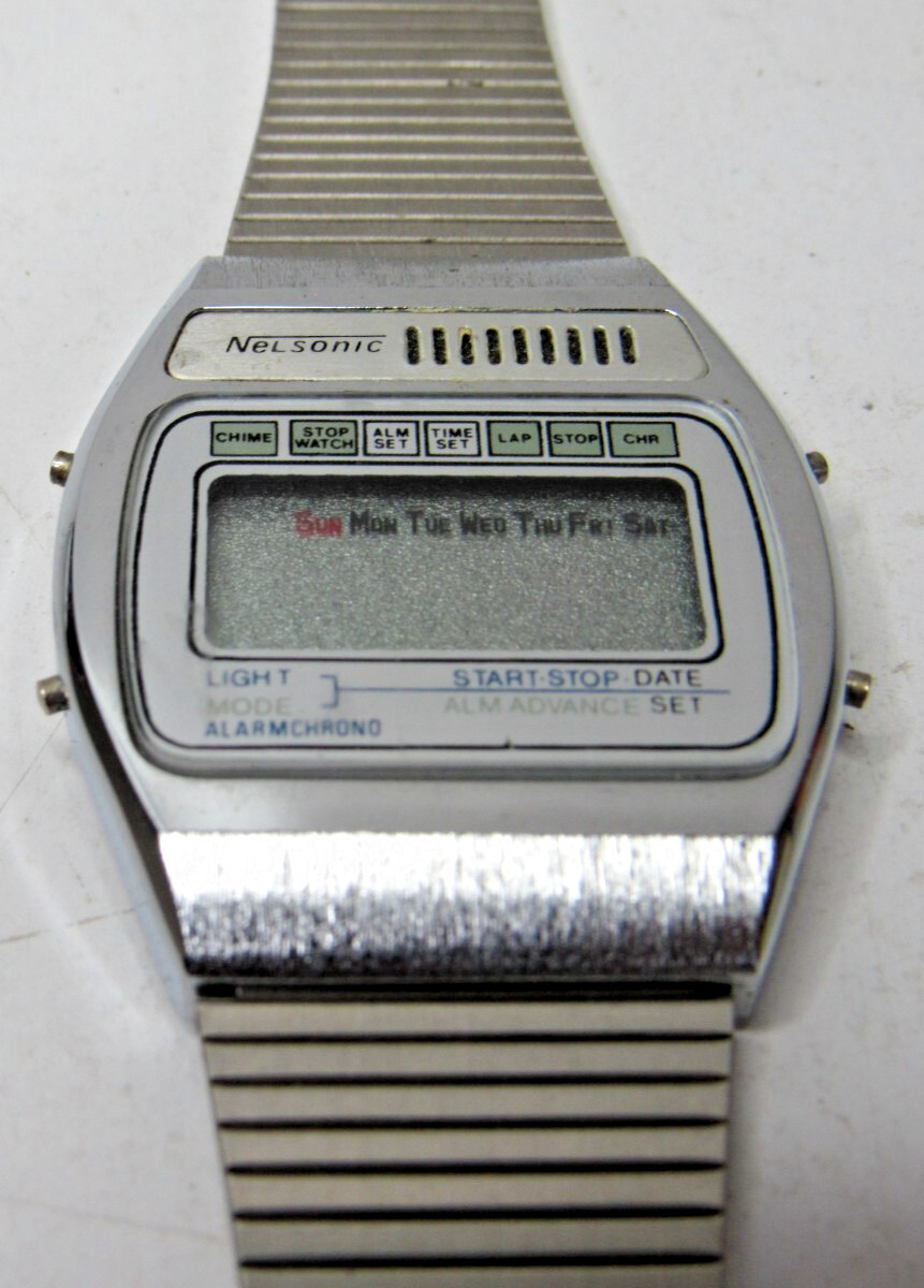 Vintage Nelsonic Digital Chronograph Alarm Watch 1980s Silver Band #W1-10